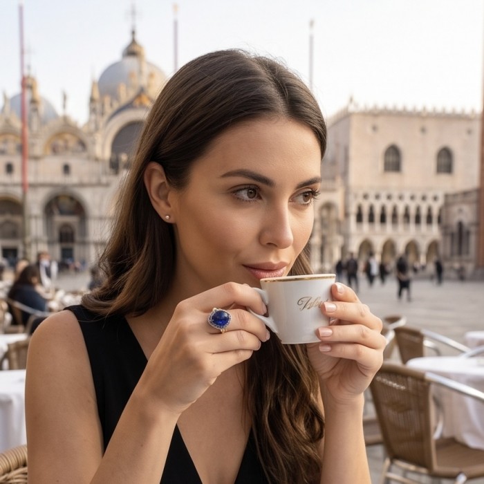 Iconic design - Natural 16.5 carat Sapphire 22K GOLD over .925 Sterling Silver handcrafted ring size 7 1/2 - Sapphire ring worn on hand, front view, person drinking coffee.