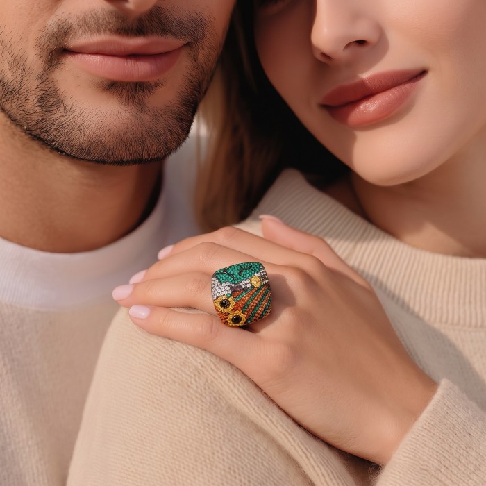 Peaceful Village - LARGE Authentic 8.8 carat pave Multigem .925 Sterling Silver brilliantly dipped in 22K Gold handcrafted Statement ring; s. 7 - Ring on hand close-up, showing colorful multigem design
