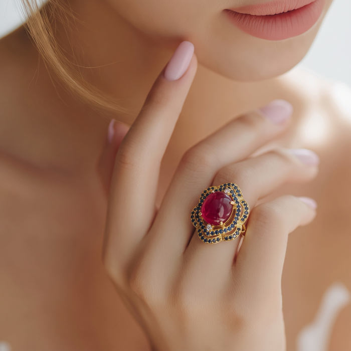 Opera Genuine 28.5 CARAT Mozambique Ruby 22K Gold over .925 Sterling Silver Large Statement Ring size 7 - Ruby ring worn on hand, close-up, 28.5 carat, 22K gold over .925 silver.