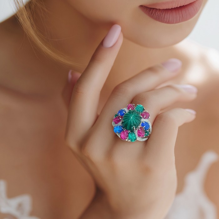 Giovanna 15.5 carat Emerald Ruby Sapphire rhodium over .925 Sterling Silver handcrafted ring size 7 1/2 - Ring with emerald, ruby, sapphire; worn on hand close-up.