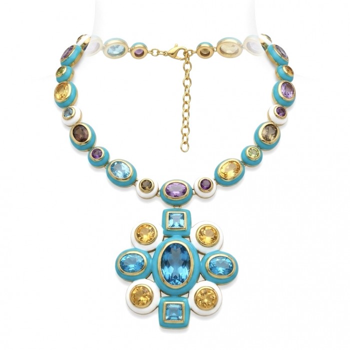 Outstanding - Authentic 31.2 carat Swiss Blue Topaz 18.8 carat Citrine 14.1 carat Amethyst Enamel 22K Gold over .925 Sterling Silver handcrafted Statementbnecklace - Necklace with colorful gemstones and pendant, front view.