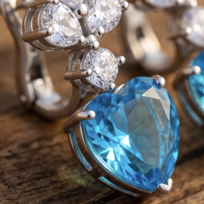Angel's Heart - authentic 14.5 carat Swiss Blue Topaz rhodium over .925 Sterling Silver handcrafted Earrings - Close-up of Swiss Blue Topaz heart pendant with surrounding stones.