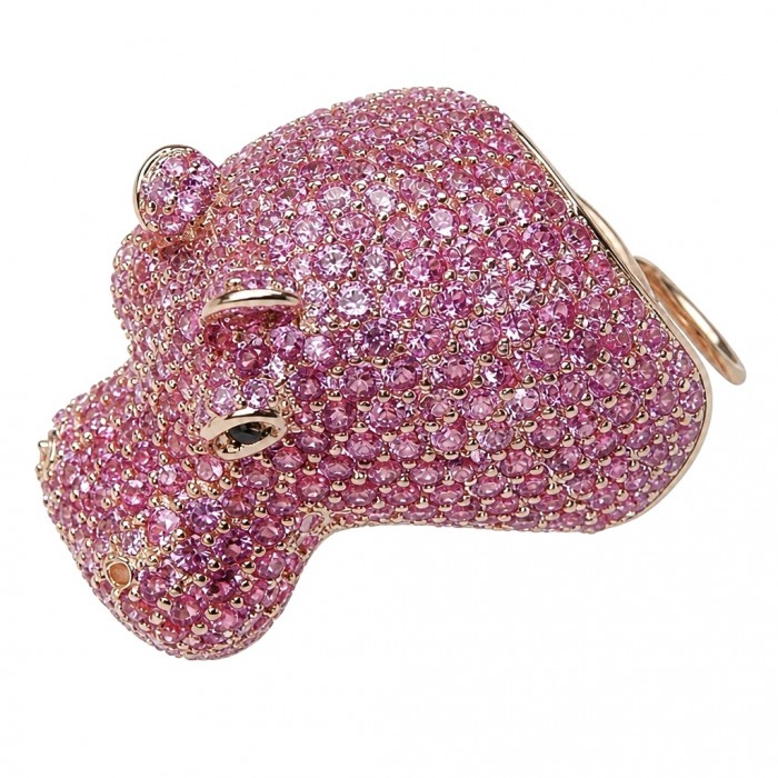 Hippo Genuine 5.5 CARAT pave Mozambique Ruby 22K Gold over .925 Sterling Silver Large Statement Ring size 8 - Side view of hippo pendant with pink rubies and gold detailing.