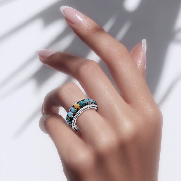 Milky way Genuine 8.2 carat Black Opal 18K Gold over .925 Sterling Silver handmade eternity Ring size 8 - Opal ring worn on hand, close-up.