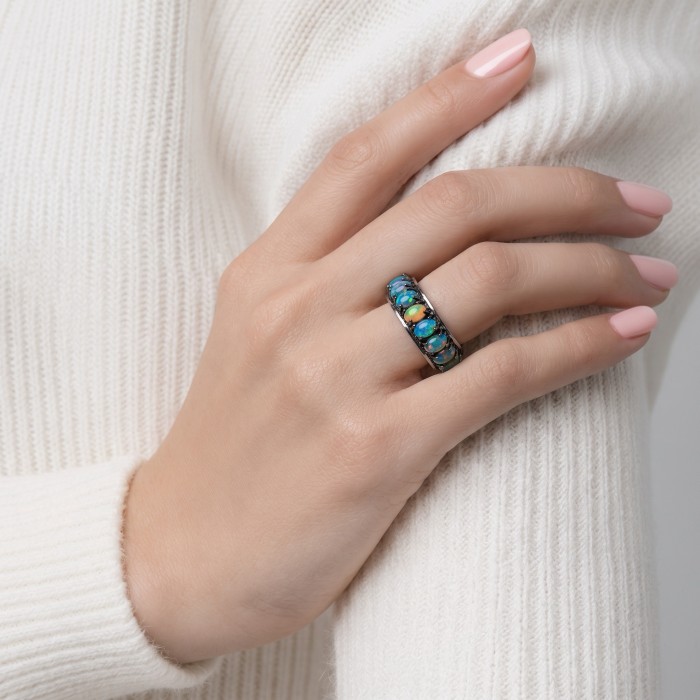 Milky way Genuine 8.2 carat Black Opal 18K Gold over .925 Sterling Silver handmade eternity Ring size 8 - Black Opal ring, 18K Gold, worn on hand, side view.