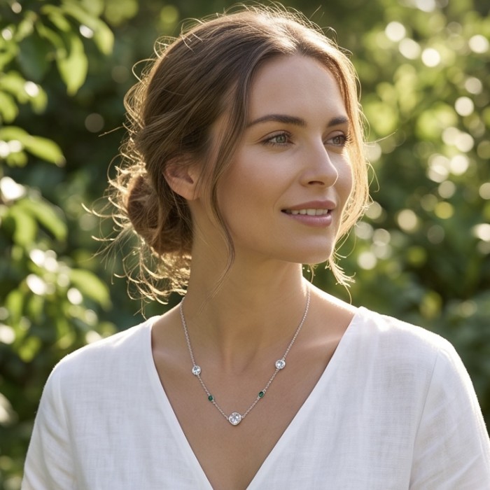 Infinity 11.5 carat Authentic Multigems Rhodium over .925 Sterling Silver handcrafted Statement necklace - Woman wearing Infinity necklace, side view, outdoor setting