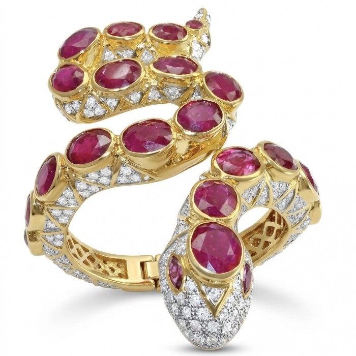 Huge Snake Genuine 37.9 carat Ruby 22K Gold over .925 Sterling Silver handcrafted Hinged Bangle Bracelet - Snake design ring with rubies and diamonds in close-up detail.