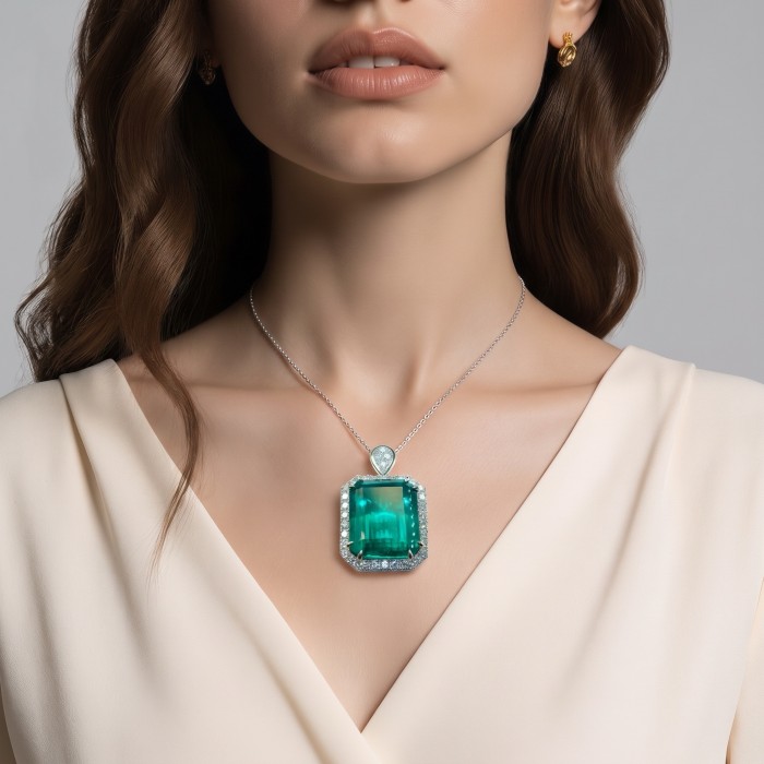Rare finding! Deluxe 55.2 carat authentic baquette cut Emerald rhodium over .925 Sterling Silver handmade Statement Pendant - Emerald pendant necklace, worn on neck, close-up view. Deluxe 55.2 carat.