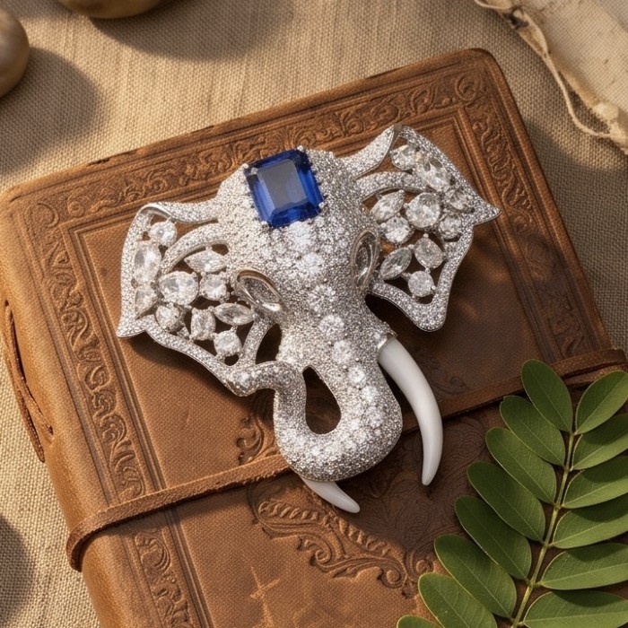 Attract YOUR Luck - ELEPHANT- 5.2 CARAT Sapphire .925 Sterling Silver dipped in rhodium handcrafted Pendant Brooch - Elephant brooch with sapphire, diamond details, top view on leather book.