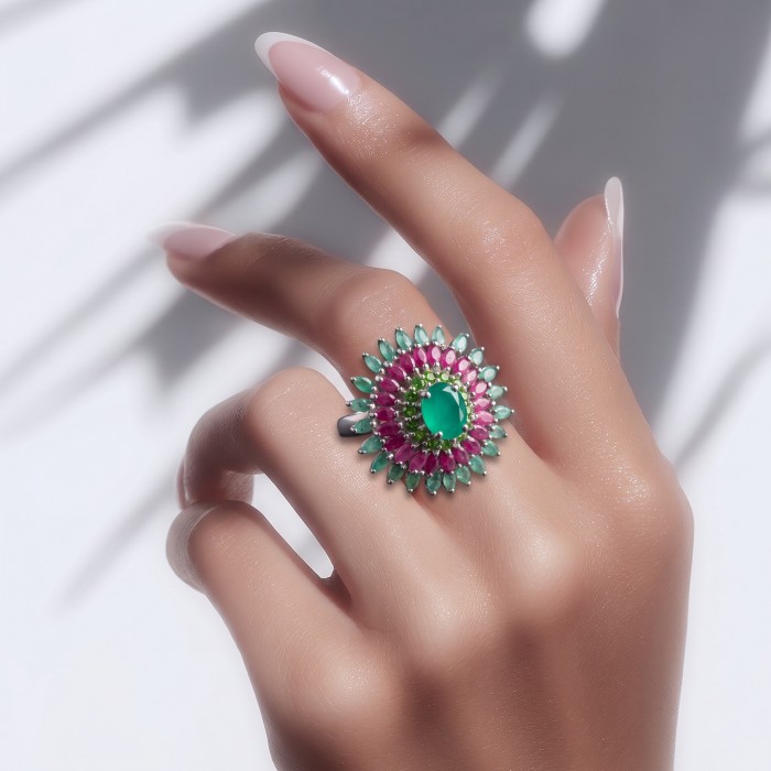 Giovanna 4.5 carat Emerald 2.7 carat Ruby rhodium over .925 Sterling Silver handcrafted ring size 9 - Emerald and ruby ring worn on hand, rhodium over .925 silver.
