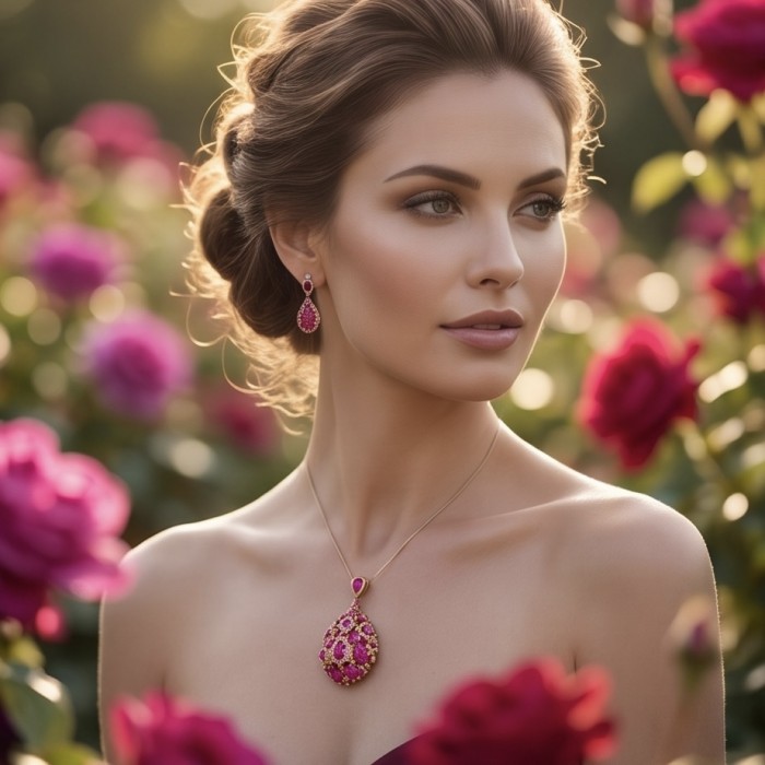 Black Label Collection - Vintage Beauty - Genuine 21.5 carat Mozambique Ruby .925 Sterling Silver dipped in 22k Gold handmade Pendant - Woman wearing Black Label necklace and earrings in rose garden, side view.