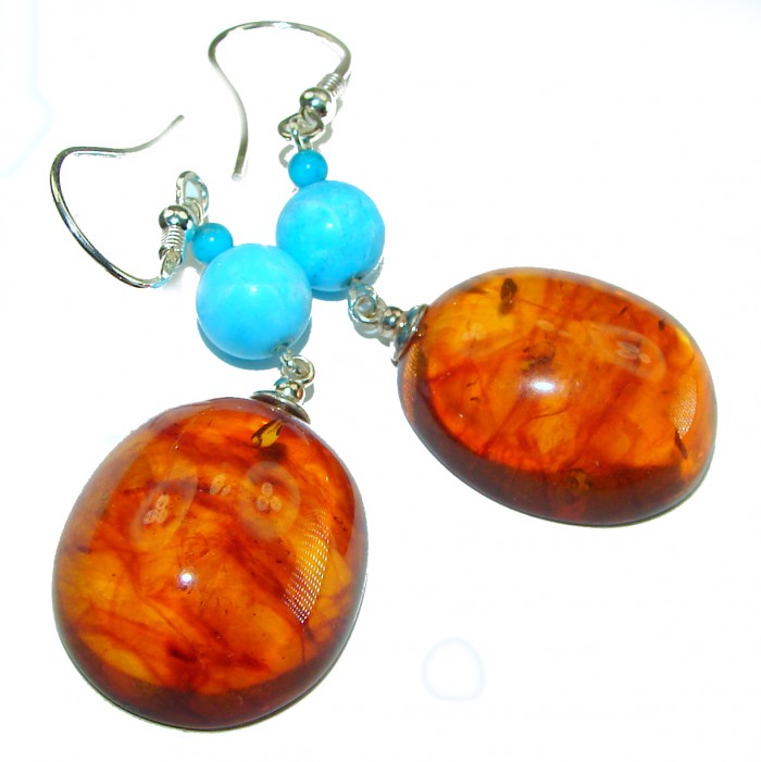 Baltic Polish Amber Turquoise .925 Sterling Silver Earrings - photo 3