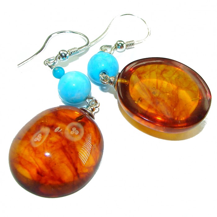Baltic Polish Amber Turquoise .925 Sterling Silver Earrings - photo 1