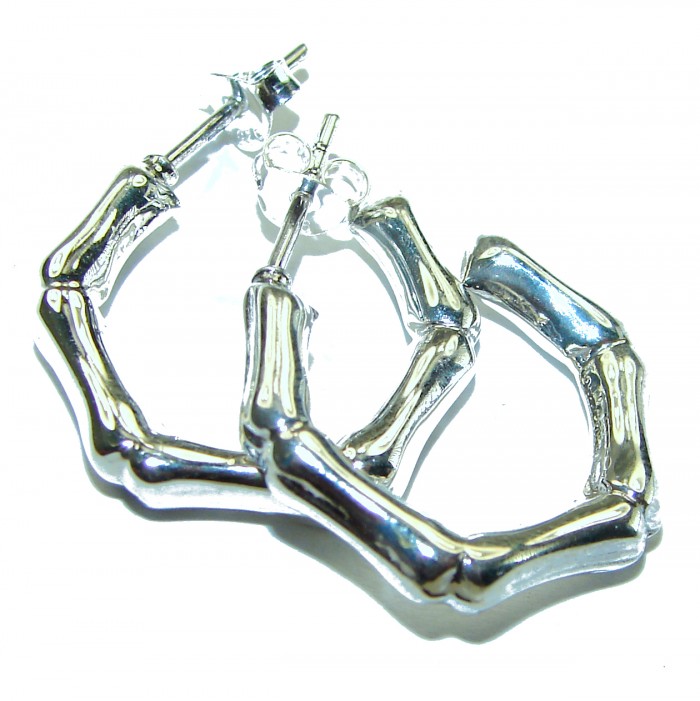 Bamboo Textured Hoop Italy made .925 Sterling Silver Earrings - photo 2