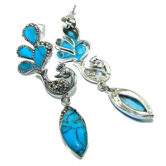 Great authentic inlay Turquoise .925 Sterling Silver handcrafted Earrings - photo 1