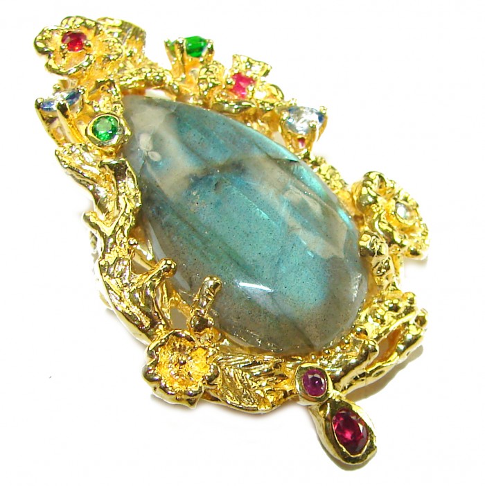 Magical Aurora 38.5 carat Fire Labradorite 2 tones .925 Sterling Silver handcrafted Pendant Brooch - photo 2