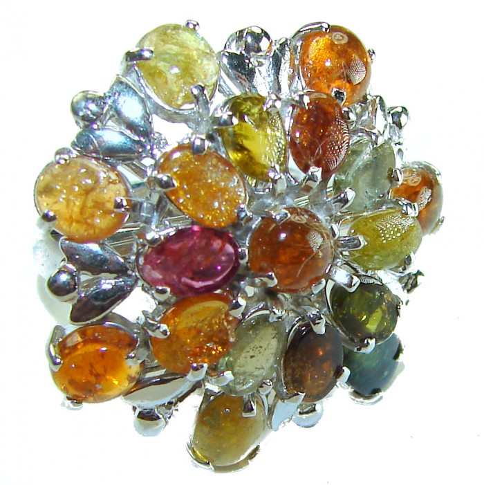 Luxurious 30.5 ctw Brazilian Watermelon Tourmaline .925 Sterling Silver handcrafted Statement Ring size 8 - Top view of multicolored gemstone ring in silver setting
