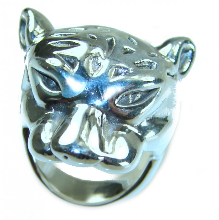 Cheetah Head Marcasite Ruby .925 Sterling Silver handcrafted Statement Ring size 7 - Cheetah head sterling silver ring, front view.