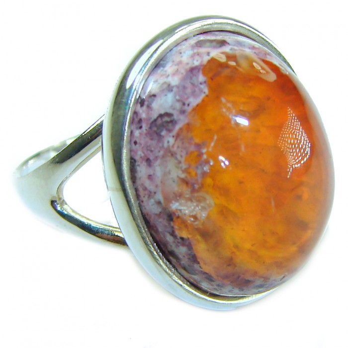 Queen of Fire best quality 10.4 carat Mexican Opal .925 Sterling Silver handmade ring 6 3/4 - Side view of Queen of Fire 10.4 carat Mexican Opal ring in .925 silver