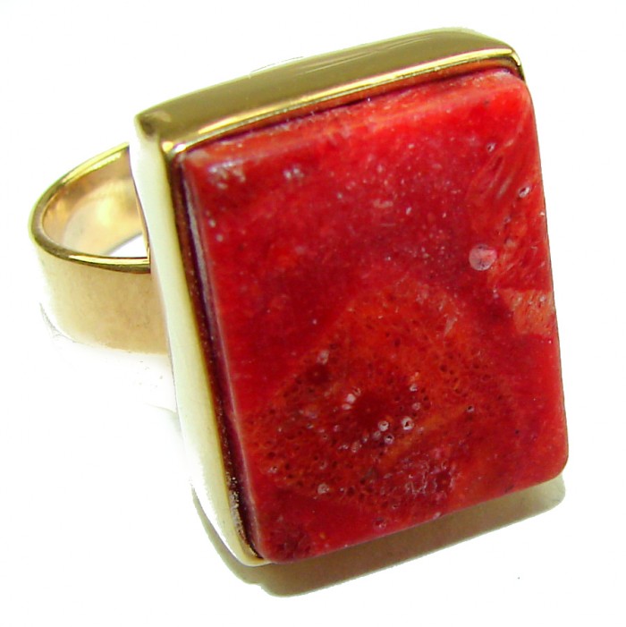 Bochic Style Natural Fossilized Coral .925 Sterling Silver handmade ring s. 8 adjustable - Red fossilized coral ring in close-up view, set in sterling silver.