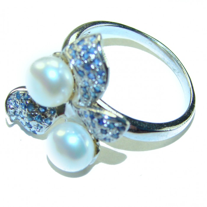 White Flower Pearl Sapphire .925 Sterling Silver brilliantly handcrafted ring s. 8 1/4 - Side view of white pearl and sapphire flower sterling silver ring