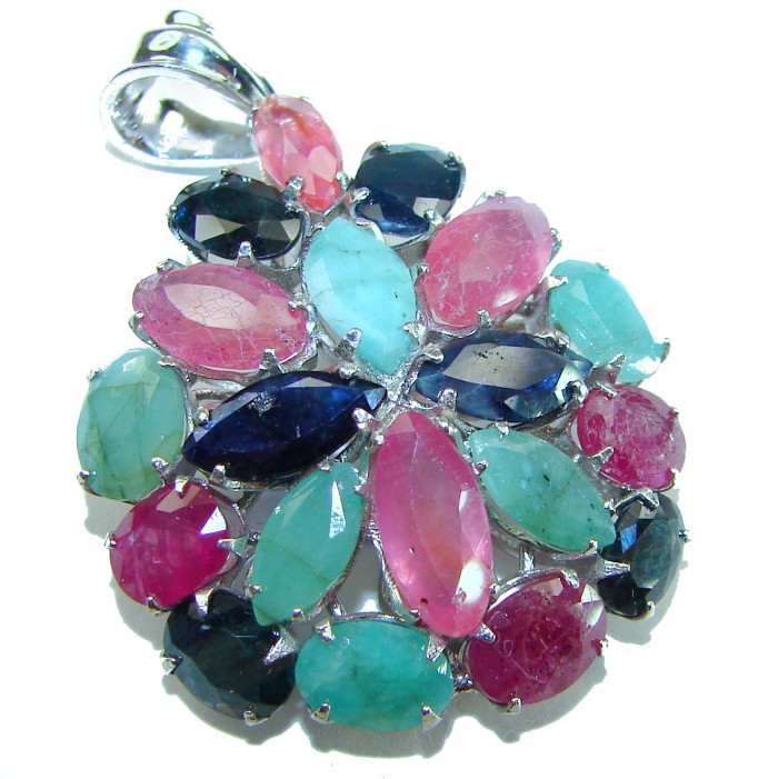 Nirvana 19.5 carat Ruby Emerald Sapphire .925 Sterling Silver pendant - Close-up of Nirvana multicolor gemstone pendant in sterling silver.
