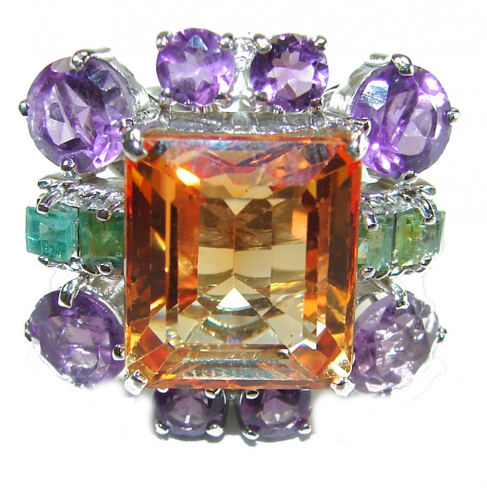 Real Beauty 19.5 carat Authentic Golden Topaz .925 Sterling Silver handcrafted Statement ring size 6 - Close-up of golden topaz ring with amethyst accents and sterling silver.