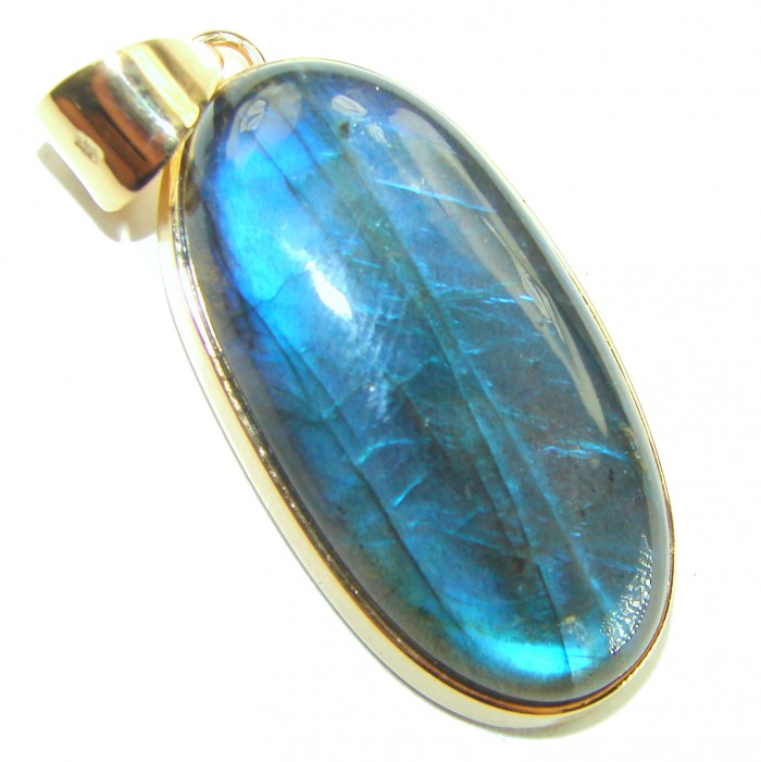Magical Aurora SILKY Fire Labradorite 14K Gold over .925 Sterling Silver handcrafted Pendant - Close-up of oval labradorite pendant in gold setting.