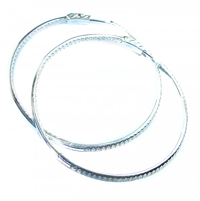 INSIDE - OUT Huge 2 inches long White Sapphire .925 Sterling Silver handmade Hoop Earrings - Inside-out white sapphire hoops, top view with clasp detail.