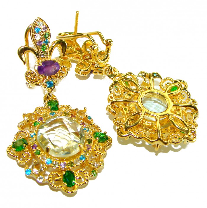 Celtic Spirit authentic fancy cut 22.5 carat Green Amethyst 18K Gold over .925 Sterling Silver handcrafted Statement earrings - Gold earrings with green amethyst, front view, detailed ornate design