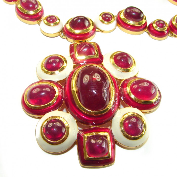 Outstanding - Red Rose - Authentic Kashmir 155.8 carat Ruby Enamel 18K Gold over .925 Sterling Silver handcrafted Station necklace - Close-up of Kashmir ruby necklace with gold and white accents.