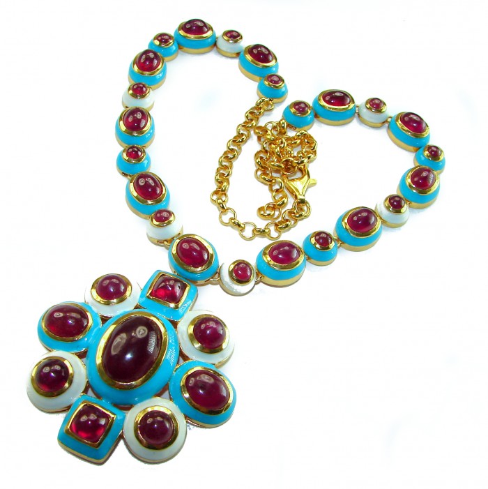 Outstanding - Red Rose - Authentic Kashmir 155.8 carat Ruby Enamel 18K Gold over .925 Sterling Silver handcrafted Station necklace - Necklace with red rubies and turquoise, top view.