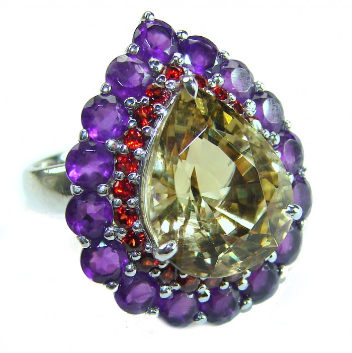 Solid 19.8 carat Genuine Lemon Quartz .925 Sterling Silver handcrafted ring size 6 3/4 - Lemon Quartz ring with purple and red stones, close-up view