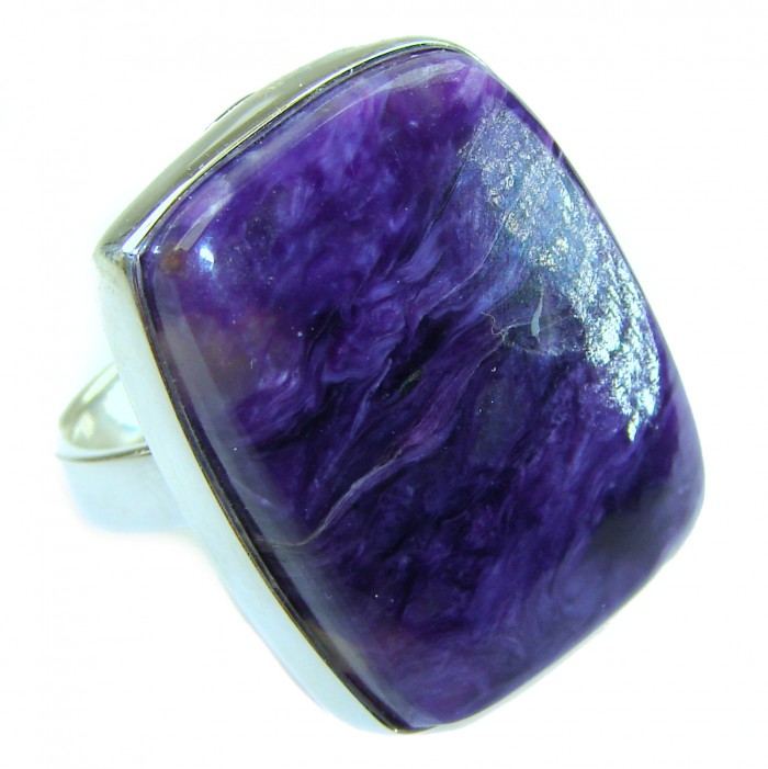 Large Natural Siberian Charoite .925 Sterling Silver handcrafted Large ring size 8 adjustable - Close-up of large Siberian Charoite stone in .925 sterling silver ring