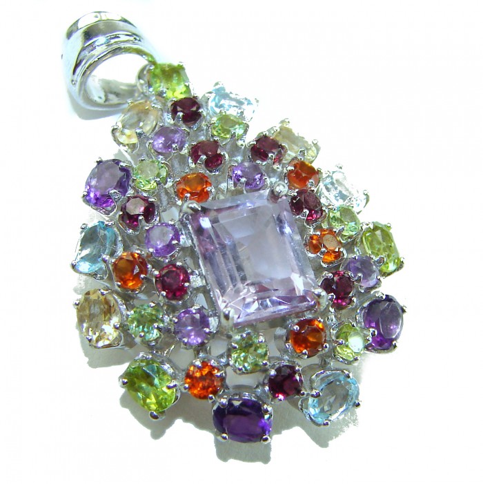 Mademoiselle - 18.4 CARAT authentic Amethyst .925 Sterling Silver handcrafted Pendant - Amethyst pendant with multicolored stones, front view.