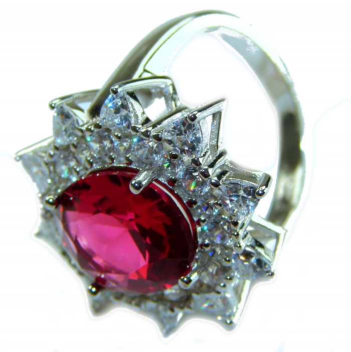 Spectacular Authentic 9.3 carat Ruby .925 Sterling Silver handmade Cocktail Ring s. 7 1/4 - Close-up of ruby and diamond halo on sterling silver ring