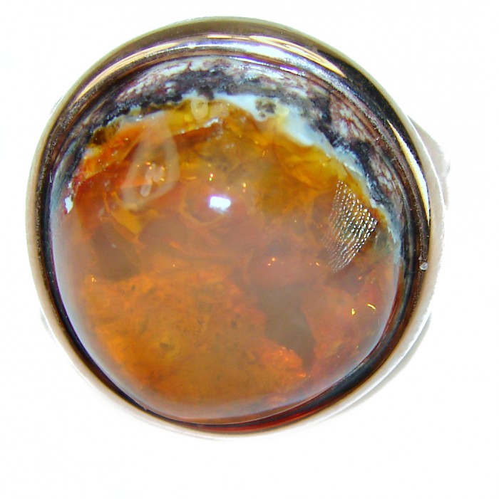 Orange Galaxy best quality 19.4 carat Mexican Opal 18K Gold over .925 Sterling Silver handmade ring 8 - Close-up of Orange Galaxy Mexican Opal ring set in 18K gold.