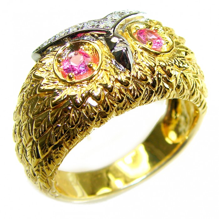 Owl Garnet Eyes .925 Sterling Silver dipped in real Gold handmade Ring size 9 - Owl ring with garnet eyes, gold-dipped, showing detailed side view.