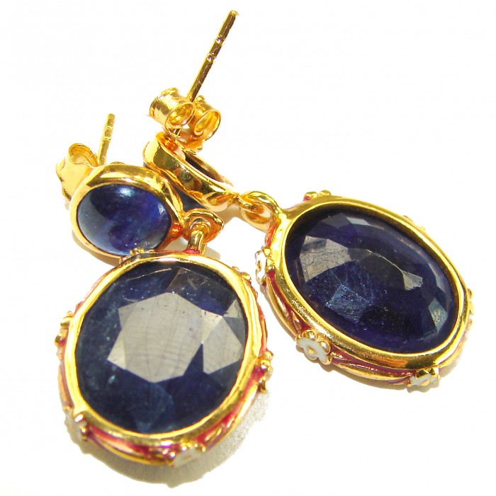 Gabriella 15.2 carat authentic Sapphire enamel .925 Sterling Silver dipped in 22K Gold handcrafted Statement earrings - Close-up of sapphires in gold setting, showing details and enamel accents.