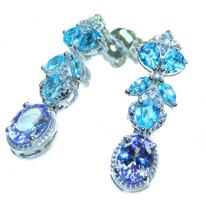 9.5 carat Swiss Alexandrite Blue Topaz .925 Sterling Silver Handcrafted Earrings - Close-up of Alexandrite and Blue Topaz earrings in sterling silver.