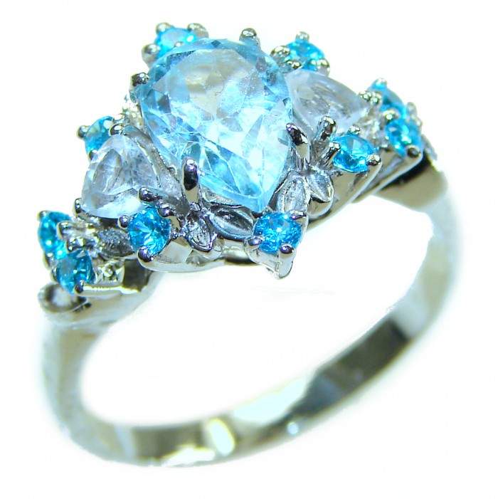 Emily 8.5 carat Swiss Aquamarine Ruby .925 Sterling Silver handmade Statement Ring size 7 - Close-up of a Swiss Aquamarine sterling silver ring with blue stones