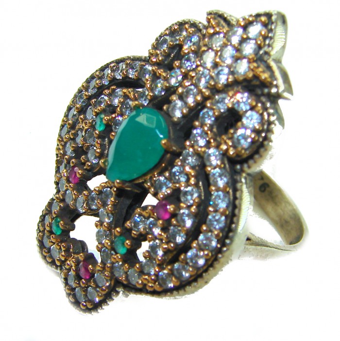 Emily 8.8 carat Emerald .925 Sterling Silver handmade Statement Ring size 8 1/4 - Close-up of Emily 8.8 carat emerald ring in .925 sterling silver.