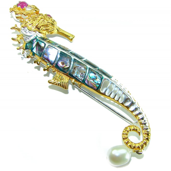 Precious SeaHorse Natural Rainbow Abalone Ruby 14K Gold over .925 Sterling Silver handmade Pendant Brooch - Side view of Precious SeaHorse brooch with abalone, ruby, and pearl accents.