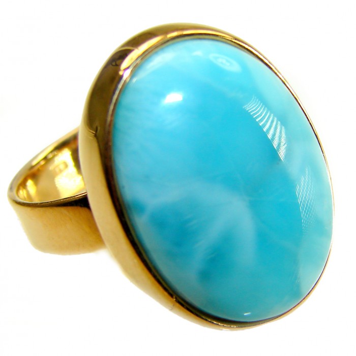 Blue Perfection Top QUALITY Blue Larimar 18K Gold over .925 Sterling Silver handmade Large ring size 6 adjustable - Close-up of blue Larimar ring set in 18K gold.