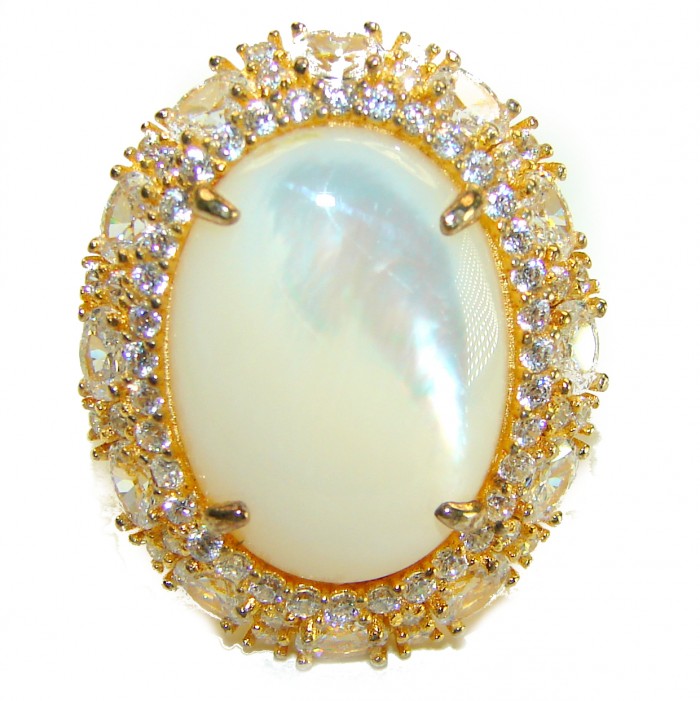 Luxurious Blister Pearl 1.23 carat lab. grown diamonds 18K Gold over .925 Sterling Silver brilliantly handcrafted ring s. 8 1/4 - Close-up of luxurious blister pearl ring with diamonds and 18K gold.