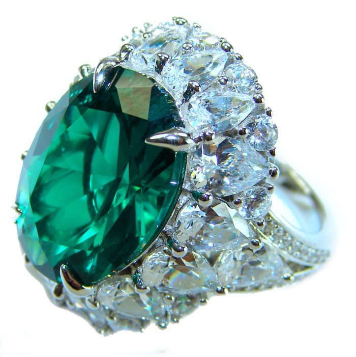 Green Royalty Natural 15.6 carat Chrome Diopside .925 Sterling Silver ring size 5 - Close-up of Green Royalty 15.6 ct Chrome Diopside ring with diamonds