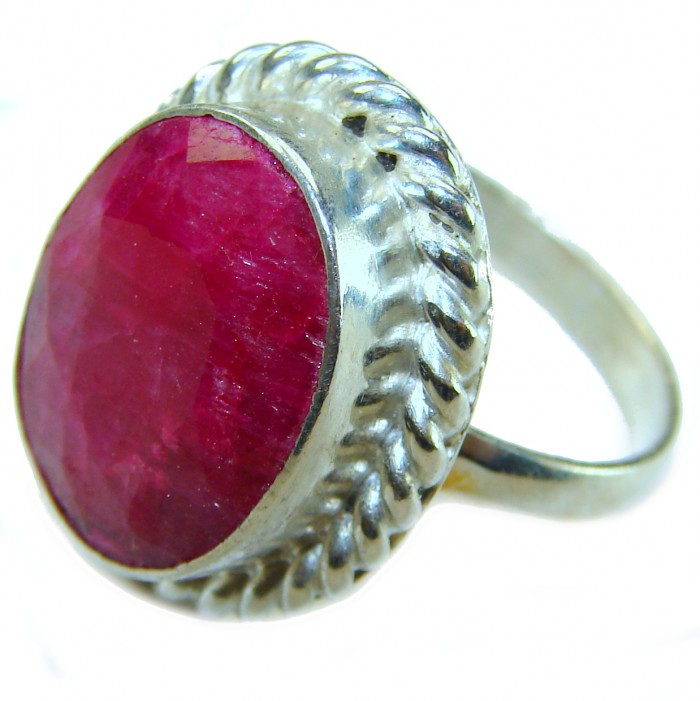 Authentic Ruby .925 Sterling Silver brilliantly handcrafted ring s. 8 1/4 - Close-up of authentic ruby in .925 sterling silver setting.