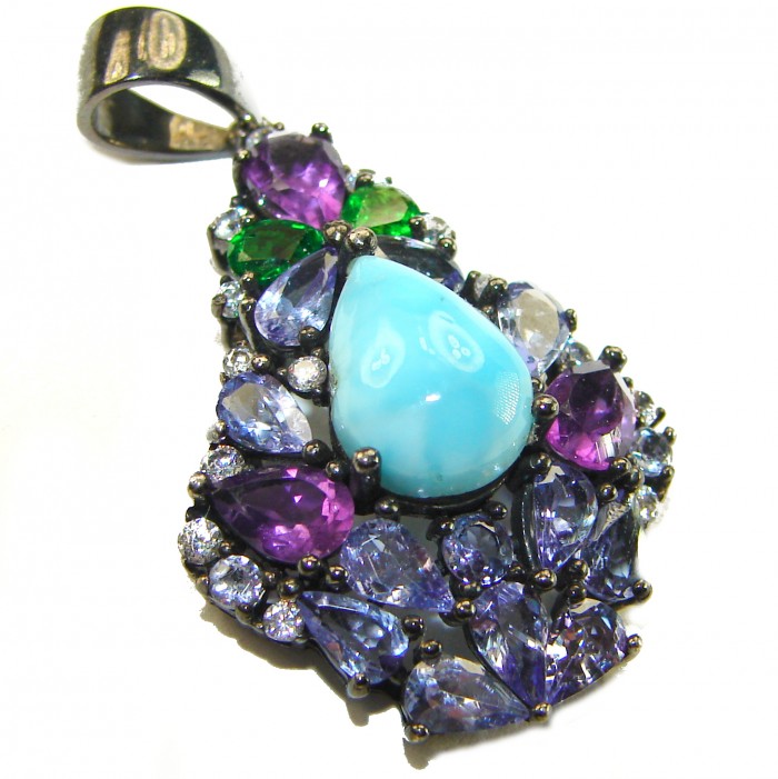 Victoria Natural 4.5 carat Larimar from Dominican Republic Tanzanite .925 Sterling Silver dipped in black rhodium handcrafted pendant - Close-up of Victoria natural gemstone pendant with Larimar centerpiece