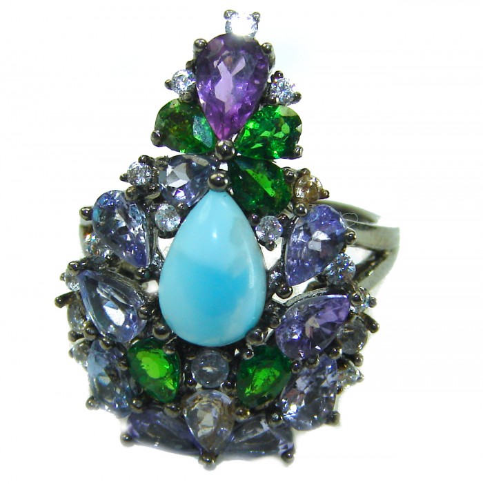 Victoria Natural 4.5 carat Larimar from Dominican Republic Tanzanite .925 Sterling Silver dipped in black rhodium handcrafted size 6 1/4 - Multicolored gemstone ring, top view showing larimar centerpiece