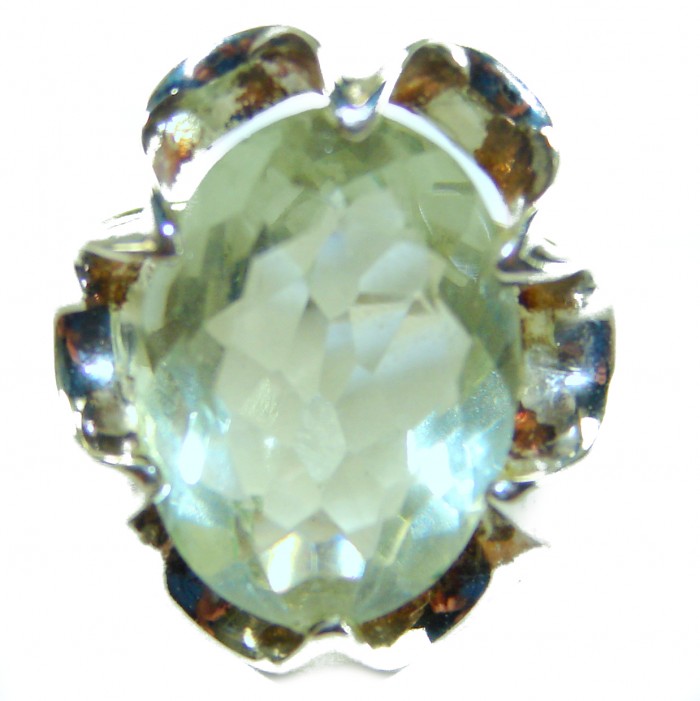 Natural 10.6 carat Green Amethyst .925 Sterling Silver ring size 5 3/4 - Close-up of green amethyst sterling silver ring.